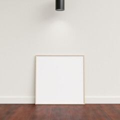 Minimal poster picture frame mockup leanings against the white wall. Blank frame mockup. Clean, modern, minimal frame. 3d rendering.