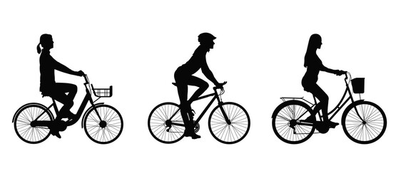 Set of women riding bicycle silhouette on white background