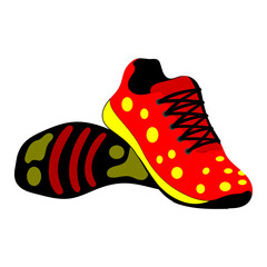 Red and yellow shoes isolated on white background. Bright Sport sneakers symbol. Vector illustration.