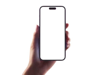 Fotobehang Hand holding Smartphone iPhone 14 pro as png photo and isolated on white background for your mobile phone app or web site design, logo Global Business technology © Mardy Elzaawely