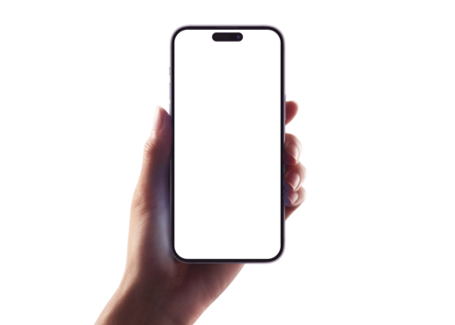 Hand holding Smartphone iPhone 14 pro as png photo and isolated on white background for your mobile phone app or web site design, logo Global Business technology