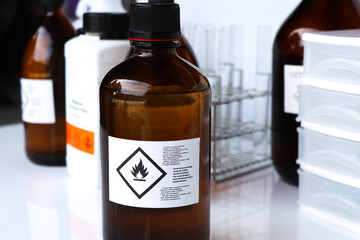 Flammable liquid symbol on the chemical bottle