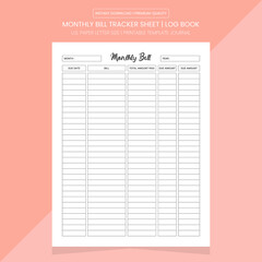 Monthly Bill Tracker | Monthly Bill Diary Journal | Notebook Printable Template 