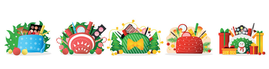 Set of Christmas bags with makeup cosmetics and gifts on white background