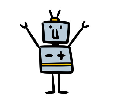 Doodle illustration of robot in childish hand drawn style.
