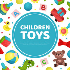 Children toys banner template. Kids store or shop poster, card with cute toys seamless pattern cartoon vector