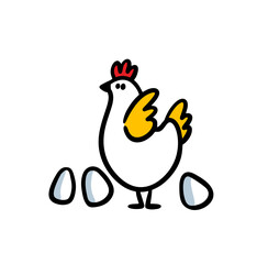 Hand drawn doodle hen with three eggs vector illustration.