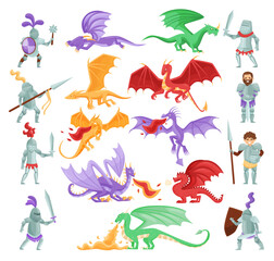 Knight fighting with dragons set. Fantasy fairytale medieval characters cartoon vector