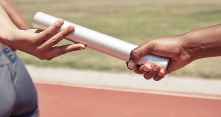 Hands, team and sports relay baton for running, sprint or fitness marathon for olympic athletics on...