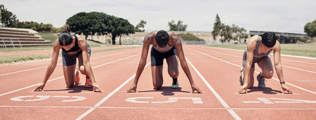 Race track, start and sports people at stadium for marathon competition, event and running with...