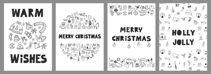 Fototapeta na wymiar Xmas greeting and gift card set with lettering and holiday elements and symbols. Hand drawn doodle vector illustrations collection. Merry Christmas, warm wishes, cozy winter concept.
