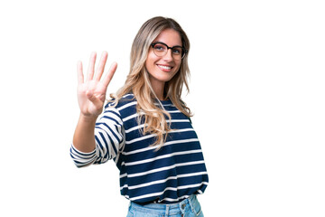 Young Uruguayan woman over isolated background happy and counting four with fingers