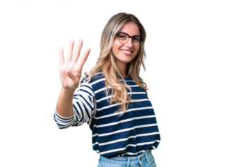 Young Uruguayan woman over isolated background happy and counting four with fingers