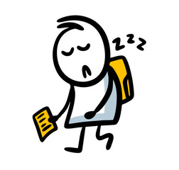 A sleepy child with homework in his hands goes to school early in the morning with a briefcase.