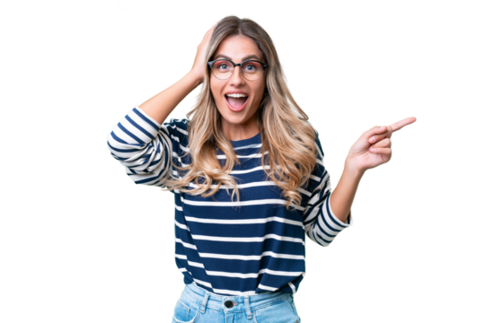 Young Uruguayan woman over isolated background surprised and pointing finger to the side