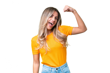 Young Uruguayan woman over isolated background doing strong gesture