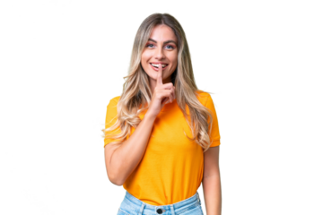 Young Uruguayan woman over isolated background showing a sign of silence gesture putting finger in mouth
