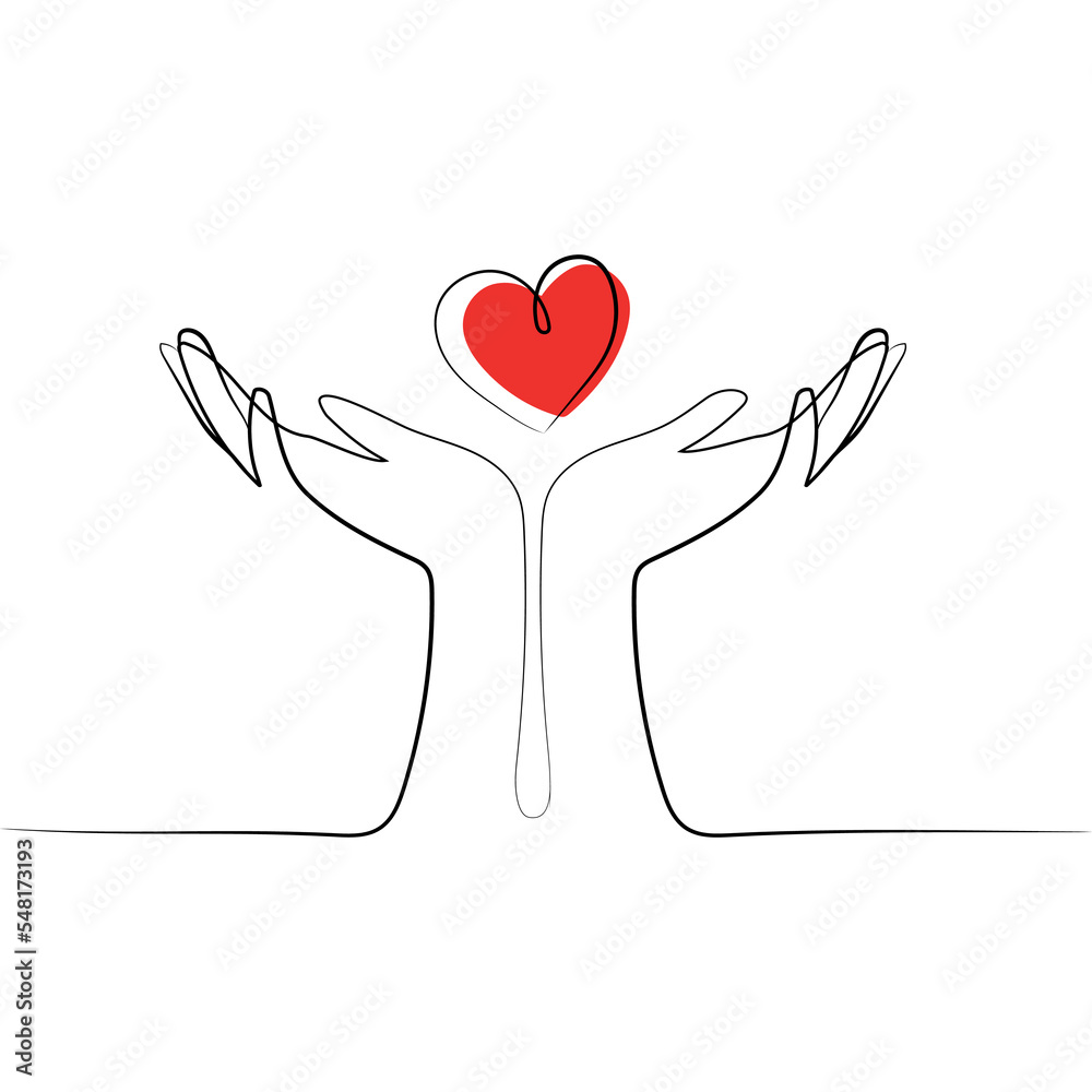 Wall mural Two open cupped hands with red heart continuous line design vector illustration.Support, peace, care hand gesture concept.Valentine's day design with heart between two hands Minimal art drawing