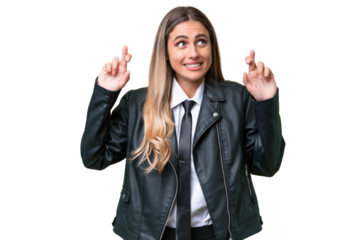 Business pretty Uruguayan woman wearing a biker jacket over isolated background with fingers crossing