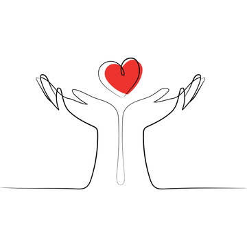 Two open cupped hands with red heart continuous line design vector illustration.Support, peace, care hand gesture concept.Valentine's day design with heart between two hands Minimal art drawing
