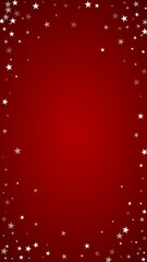 Magic falling snow christmas background. Subtle flying snow flakes and stars on christmas red background. Magic falling snow holiday scenery.   Vertical vector illustration.