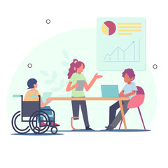 Business meetings conducted by people of various races and people with disabilities. vector flat illustration