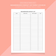 Neighborhood Contact List Book | Neighborhood Contact List Diary Journal | Notebook Printable Template