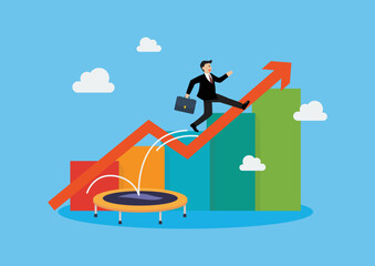 Businessman bounce on trampoline business concept