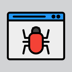Bug icon in filled line style about browser, use for website mobile app presentation