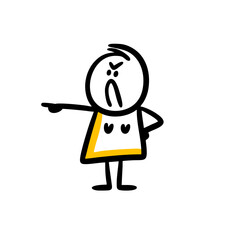 A very strict young woman in a dress asks to get out and points her finger at the door with a frowning face.