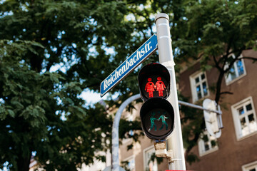 gay and lesbian friendly traffic light in Munich at Reichenbach street, red light