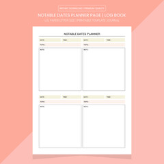 Notable Dates Planner Page | Diary Journal | Notable Dates Printable Template