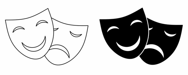 outline silhouette theater masks icon set isolated on white background