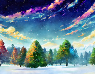 christmas tree in snow, winter, colorful, background, greeting card, Christmas, illustration, digital