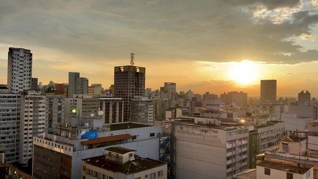 Beautiful sunset over Belo Horizonte cityscape, pan shot