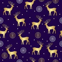 Seamless pattern with golden deer, circles, snow on a dark blue background. Festive winter background for Christmas or New Year. Elegant Christmas pattern. Vector illustration.