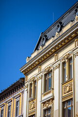 Classical style museum in Sibiu, Romania. Historical building facade with classical elements.