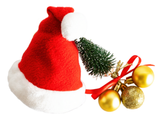 Red Christmas hat, pine and gold baubles, on white or transparent background.