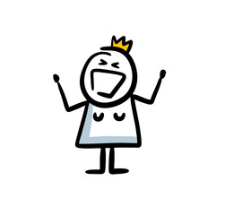 A happy woman with a crown on her head laughs and raises her hands in a royal gesture.