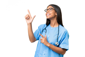 Young African american nurse woman over isolated background pointing with the index finger a great idea