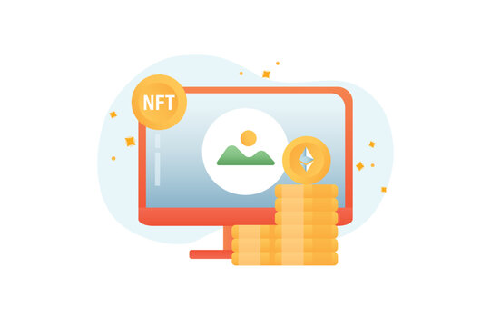 NFT gradient icons concept scene in the flat cartoon design. Pictures that can be digitized in a computer and earn money. Vector illustration.