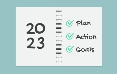 Notebook with the words goals 2023. plan, Action. Checklist of new year goals 2023. Vector illustration.