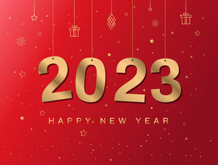Happy new year 2023 greeting card. Hanging golden 2023 numbers. Glitter Background with gold stars. Chinese new year 2023. Vector illustration.