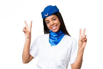Airplane stewardess African american woman over isolated background showing victory sign with both hands