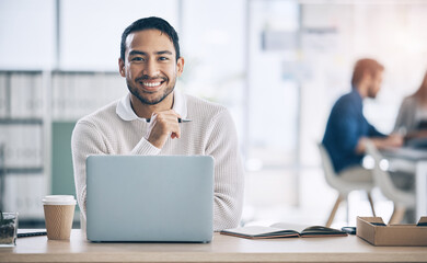 Laptop, office and portrait of Asian businessman with smile on face for confidence, leadership and success. Startup, tech and male entrepreneur ready for planning, strategy and working on computer
