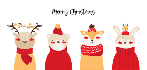 Merry Christmas horizontal banner or greeting card. Cute forest baby animals in winter clothes. Cartoon character reindeer, bear, hare, fox in warm knitted hat, scarf and sweater. Vector illustration.