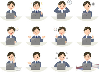 ノートPCで仕事をするビジネスマンの色々な仕草