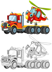 happy cartoon tow truck driver with helicopter