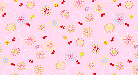 かわいい和柄　夏　金魚　花火　お祭り　テキスタイルデザイン素材