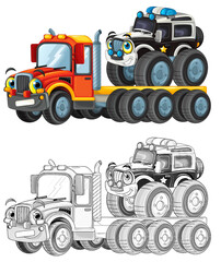 happy cartoon tow truck driver with other vehicle car